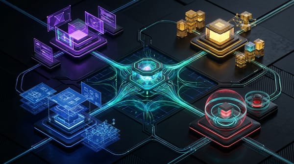 Diagrama topológico 3D en modo oscuro mostrando el orquestador central herdr conectando agentes especializados de seguridad Claude, GPT (crush), Gemini y Qwen (pi).